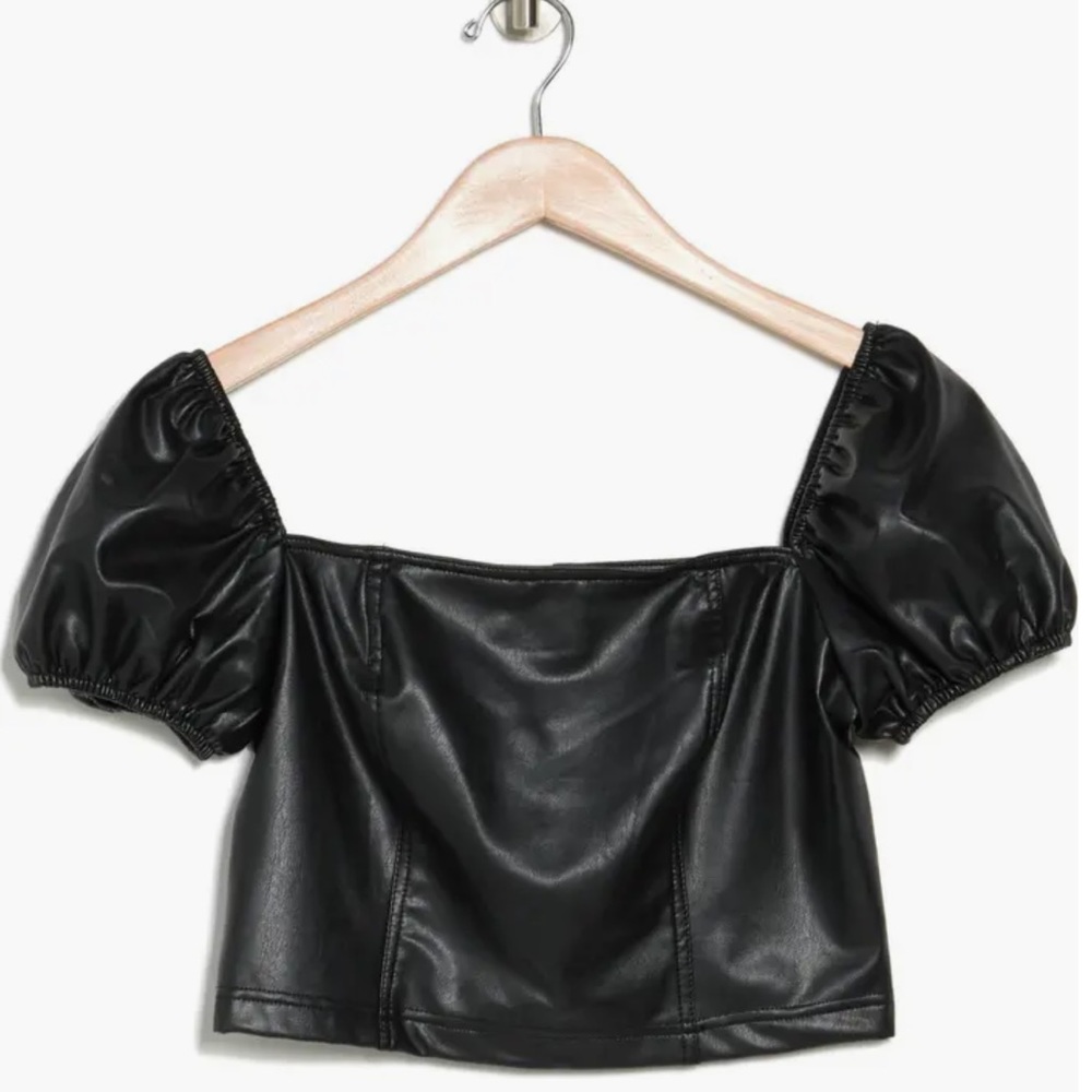 NWT, Avec Les Filles, Puff Sleeve Faux Leather Crop Top, Black, Size Small